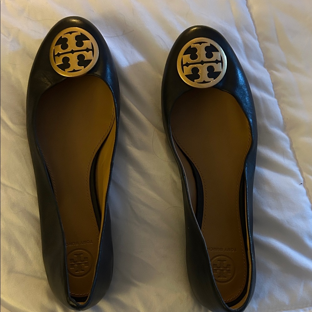 Tory Burch Black Flats with Gold Logo